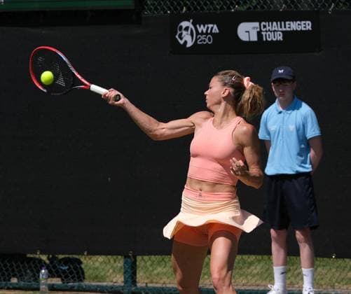 15th June 2023; Nottingham Tennis Centre, Nottingham, England: Rothesay Nottingham Open, Day 4; Camila Giorgi (ITA) plays a high forehand shot to Elizabeth Mandlik (USA)  ActionPlus12519662 PaulxBonser
