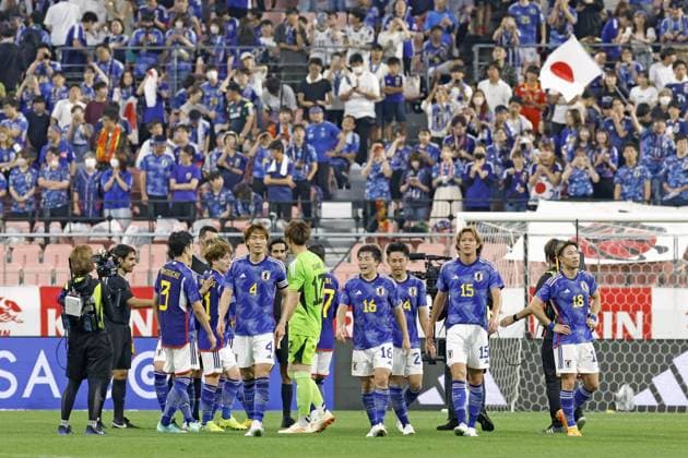 Football: Japan-El Salvador friendly Japan players celebrate after beating El Salvador 6-0 in an international football friendly on June 15, 2023, at Toyota Stadium in Toyota in Aichi Prefecture, central Japan.  A14AA0001587174P 