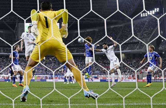 Football: Japan-El Salvador friendly Japan s Kyogo Furuhashi (3rd from R) scores a goal with a header in the second half of an international football friendly against El Salvador on June 15, 2023, at Toyota Stadium in Toyota in Aichi Prefecture, central Japan.  A14AA0001587199P 