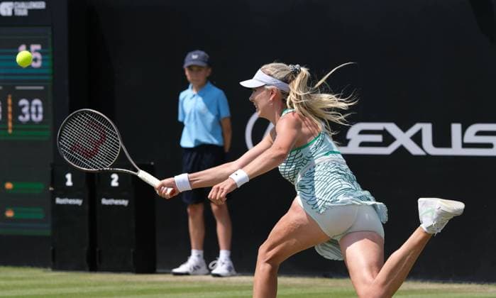 15th June 2023; Nottingham Tennis Centre, Nottingham, England: Rothesay Nottingham Open, Day 4; Katie Boulter (GBR) stretches to play a forehand shot to Daria Snigur (UKR) in her two sets win  ActionPlus12519706 PaulxBonser