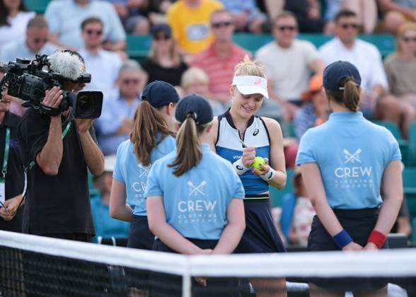 15th June 2023; Nottingham Tennis Centre, Nottingham, England: Rothesay Nottingham Open, Day 4; Harriet Dart (GBR) signing balls after winning her match with Anhelina Kalinina (UKR)  ActionPlus12519719 PaulxBonser