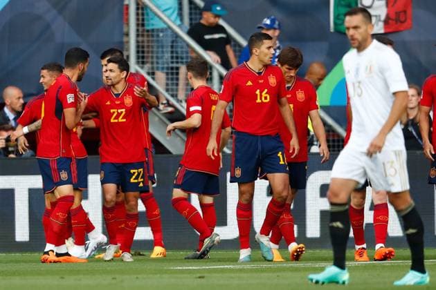 ENSCHEDE, 15-06-2023 , Stadium Grolsch Veste, Nations League semi final 2022 2023 between Spain and Italy, Spain celebrating the 1-0 from Yeremy Pino Spain - Italy  x21337731x Copyright: