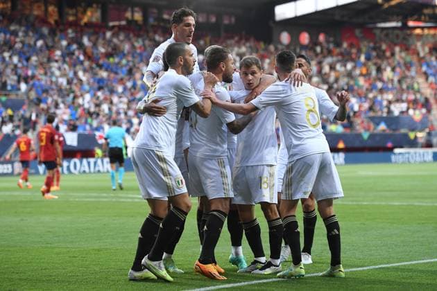 Soccer UEFA Nations League semi-final Spain Italy on 15 06 2023 at De Grolsch Veste in Enschede Goal celebration to 1 1 by Ciro Immobile Italy xRx