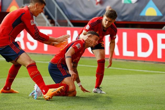 ENSCHEDE, 15-06-2023 , Stadium Grolsch Veste, Nations League semi final 2022 2023 between Spain and Italy, Spain player Yeremy Pino after scoring 1-0 Spain - Italy  x21338004x Copyright: