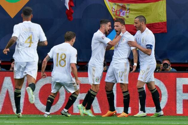 Ciro Immobile (Italy) celebrates after scoring a goal with teammates during Semifinal - Spain vs Italy, football UEFA Nations League match in Enschede, Netherlands, June 15 2023  Copyright: xEmmanuelexMastrodonato IPAxSportx xLivexMediax 0 IPA_IPA38651104
