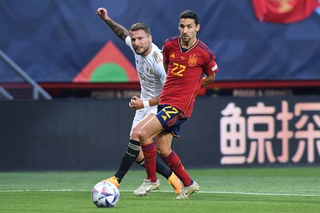 Soccer UEFA Nations League semifinal Spain Italy on 15 06 2023 at De Grolsch Veste in Enschede Francisco Isco Alarcon Spain , front Ciro Immobile Italy , back xRx
