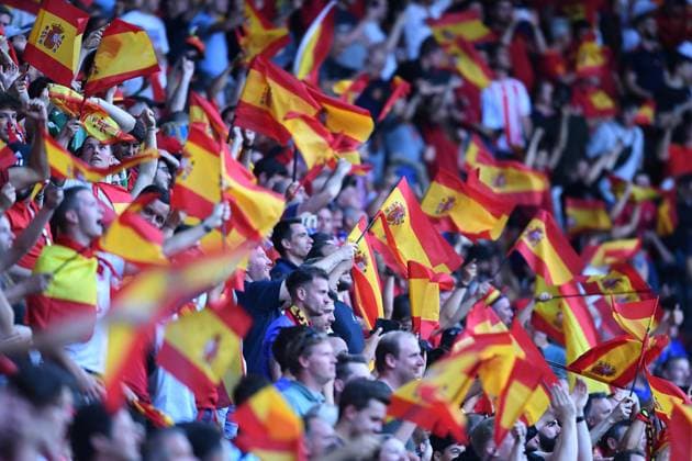 Soccer UEFA Nations League semifinal Spain Italy on 15 06 2023 at De Grolsch Veste in Enschede flags in the Spanish fan block xRx