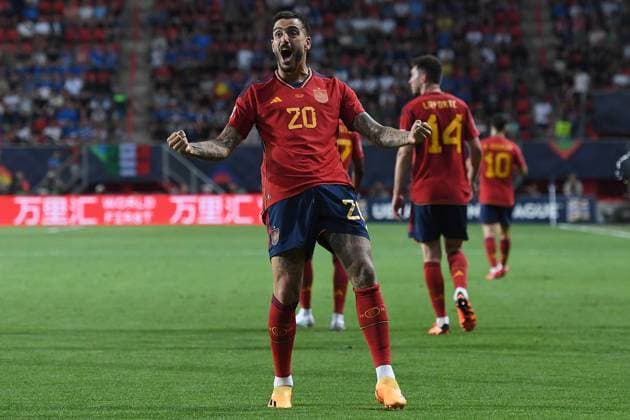 Soccer UEFA Nations League semi-final Spain Italy on 15 06 2023 in De Grolsch Veste in Enschede Goal celebration to 2 1 by Joselu Spain xRx