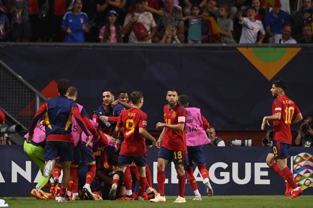 Foto Fabio Ferrari LaPresse 15 Giugno 2023 - Enschede, Paesi Bassi - calcio - Spagna v Italia - Uefa Nations League - Semi-finale - FC Twente Stadion-Enschede. Nella foto: Joselu (Spain) esultanza dopo il gol 2-1 June 15, 2023 Enschede, Netherland - sport, calcio - Spain v Italy - Uefa Nations League - Semi-finale - FC Twente Stadion-Enschede. In the pic: Joselu (Spain) celebrates goal 2-1  Copyright: xFabioxFerrari LaPresse FerrariFax