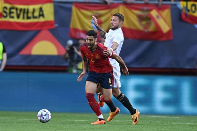 Mikel Merino (Spain)Ciro Immobile (Italy) during the UEFA Nations League 2022-2023 match between Spain 2-1 Italy at De Grolsh Veste Stadium on June 15, 2023 in Enschede, Netherlands. Noxthirdxpartyxsales  (221589742)