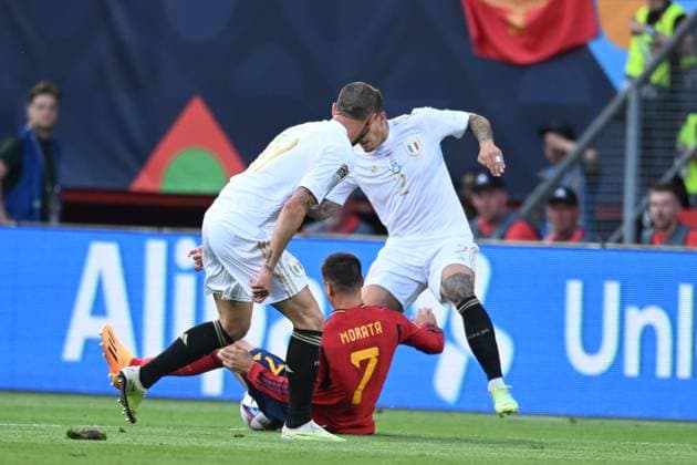 Leonardo Bonucci (Italy)Alvaro Morata (Spain)Giovanni Di Lorenzo (Italy) during the UEFA Nations League 2022-2023 match between Spain 2-1 Italy at De Grolsh Veste Stadium on June 15, 2023 in Enschede, Netherlands. Noxthirdxpartyxsales  (221590013)