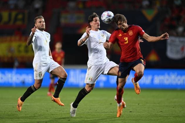 Robin Le Normand (Spain)Nicolo Zaniolo (Italy)Ciro Immobile (Italy) during the UEFA Nations League 2022-2023 match between Spain 2-1 Italy at De Grolsh Veste Stadium on June 15, 2023 in Enschede, Netherlands. Noxthirdxpartyxsales  (221590496)