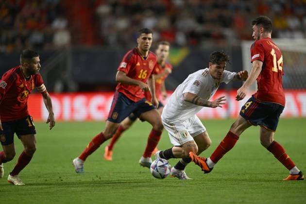 Aymeric Laporte (Spain)Nicolo Zaniolo (Italy)Jordi Alba (Spain) during the UEFA Nations League 2022-2023 match between Spain 2-1 Italy at De Grolsh Veste Stadium on June 15, 2023 in Enschede, Netherlands. Noxthirdxpartyxsales  (221592251)