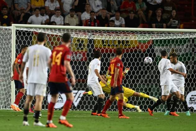 Joselu Luis (Spain)Gianluigi Donnarumma (Italy) he scored the second goal for his team during the UEFA Nations League 2022-2023 match between Spain 2-1 Italy at De Grolsh Veste Stadium on June 15, 2023 in Enschede, Netherlands. Noxthirdxpartyxsales  (221592302)