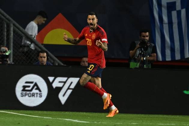 Joselu Luis (Spain) celebrates after scoring his team s second goal during the UEFA Nations League 2022-2023 match between Spain 2-1 Italy at De Grolsh Veste Stadium on June 15, 2023 in Enschede, Netherlands. Noxthirdxpartyxsales  (221592320)