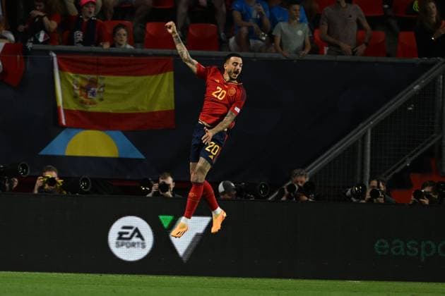 Joselu Luis (Spain) celebrates after scoring his team s second goal during the UEFA Nations League 2022-2023 match between Spain 2-1 Italy at De Grolsh Veste Stadium on June 15, 2023 in Enschede, Netherlands. Noxthirdxpartyxsales  (221592396)