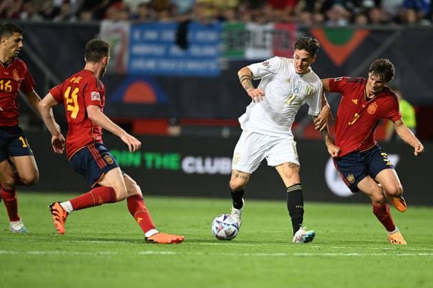 Robin Le Normand (Spain)Nicolo Zaniolo (Italy)Aymeric Laporte (Spain)Rodri Hernandez (Spain) during the UEFA Nations League 2022-2023 match between Spain 2-1 Italy at De Grolsh Veste Stadium on June 15, 2023 in Enschede, Netherlands. Noxthirdxpartyxsales  (221592438)