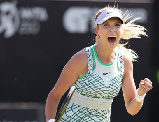 Mandatory Credit: Photo by Ryan Browne Shutterstock (13961298co) Katie Boulter of Great Britain celebrates winning her quarter-final match against Harriet Dart of Great Britain. Rothesay Open, Day Five, Tennis, Nottingham Tennis Centre, Nottingham, UK - 16 Jun 2023 Rothesay Open, Day Five, Tennis, Nottingham Tennis Centre, Nottingham, UK - 16 Jun 2023 Copyright: xRyanxBrowne Shutterstockx 13961298co