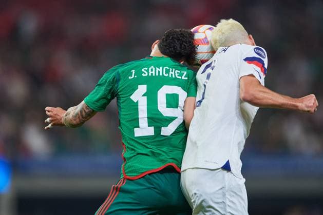 RECORD DATE NOT STATED CONCACAF NATIONS LEAGUE 2022-2023 United States vs Mexico SF (L-R), Jorge Sanchez of Mexico and Giovanni Reyna of USA during the game United States (USA) vs Mexico (Mexican national team, Nationalteam , corresponding to Semifinals of Final Four of the CONCACAF Nations League 2022-2023, at Allegiant Stadium, on June 15, 2023. <br><br> (I-D), Jorge Sanchez de Mexico y Giovanni Reyna de USA durante el partido Estados Unidos (EUA) vs Mexico (Seleccion Mexicana), correspondiente a Semifinales del Final Four de la Liga de Naciones CONCACAF 2022-2023, en el Allegiant Stadium, el 15 de junio de 2023. LAS VEGAS NEVADA ESTADOS UNIDOS Copyright: xCristianxdexMarchenax 20230615214618_CNL_23_SF_USA_MEX_SANCHEZ171