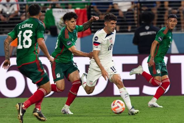 RECORD DATE NOT STATED CONCACAF NATIONS LEAGUE 2022-2023 United States vs Mexico SF (L-R), Jorge Sanchez of Mexico and Christian Pulisic of USA during the game United States (USA) vs Mexico (Mexican national team, Nationalteam , corresponding to Semifinals of Final Four of the CONCACAF Nations League 2022-2023, at Allegiant Stadium, on June 15, 2023. <br><br> (I-D), Jorge Sanchez de Mexico y Christian Pulisic de USA durante el partido Estados Unidos (EUA) vs Mexico (Seleccion Mexicana), correspondiente a Semifinales del Final Four de la Liga de Naciones CONCACAF 2022-2023, en el Allegiant Stadium, el 15 de junio de 2023. LAS VEGAS NEVADA ESTADOS UNIDOS Copyright: xDavidxLeahx 20230615215124_CNL_23_SF_USA_MEX_PULISIC189