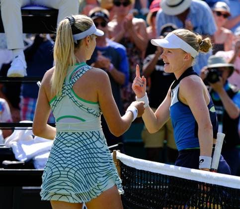 16th June 2023; Nottingham Tennis Centre, Nottingham, England: Rothesay Nottingham Open, Day 5; Harriet Dart (GBR) and Katie Boulter (GBR) in conversation after their quarter final match  ActionPlus12519996 PaulxBonser