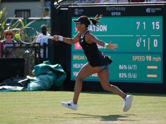 16th June 2023; Nottingham Tennis Centre, Nottingham, England: Rothesay Nottingham Open, Day 5; Heather Watson (GBR) plays a volley shot to Viktorija Golubic (SUI) in their quarter final match  ActionPlus12520104 PaulxBonser