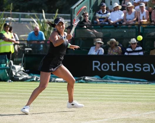 16th June 2023; Nottingham Tennis Centre, Nottingham, England: Rothesay Nottingham Open, Day 5; Heather Watson (GBR) plays a forehand shot down the line to Viktorija Golubic (SUI) in her quarter final match two set win  ActionPlus12520113 PaulxBonser
