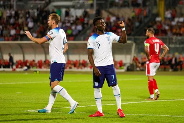 Malta v England Euro 2024 Qualifier 16 06 2023. Goal 0-1 Bukayo Saka (7) of England celebrates crossing for the own goal during the Euro 2024 Qualifier match between Malta and England at National Stadium, Attard, Malta on 16 June 2023. Editorial use only , Copyright: xNigelxKeenex PSI-17544-0018