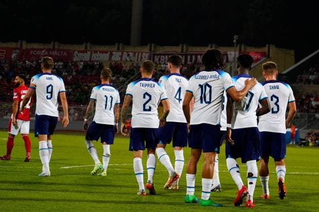 Mandatory Credit: Photo by Bagu Blanco Shutterstock (13968700ad) England players celebrating the 0-1 Malta v England, UEFA European Championship, EM, Europameisterschaft 2024 Qualifying, Group C, Football, Ta Qali Stadium, Malta - 16 June 2023 EDITORIAL USE ONLY No use with unauthorised audio, video, data, fixture lists, club league logos or live services. Online in-match use limited to 120 images, no video emulation. No use in betting, games or single club league player publications. Malta v England, UEFA European Championship 2024 Qualifying, Group C, Football, Ta Qali Stadium, Malta - 16 June 2023 EDITORIAL USE ONLY No use with unauthorised audio, video, data, fixture lists, club league logos or live services. Online in-match use limited to 120 images, no video emulation. No use in betting, games or single club league player publications. Copyright: xBaguxBlanco Shutterstockx 13968700ad