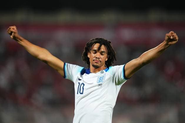 Mandatory Credit: Photo by Bagu Blanco Shutterstock (13968700am) Trent Alexander-Arnold of England celebrates after scoring the 0-2 Malta v England, UEFA European Championship, EM, Europameisterschaft 2024 Qualifying, Group C, Football, Ta Qali Stadium, Malta - 16 June 2023 EDITORIAL USE ONLY No use with unauthorised audio, video, data, fixture lists, club league logos or live services. Online in-match use limited to 120 images, no video emulation. No use in betting, games or single club league player publications. Malta v England, UEFA European Championship 2024 Qualifying, Group C, Football, Ta Qali Stadium, Malta - 16 June 2023 EDITORIAL USE ONLY No use with unauthorised audio, video, data, fixture lists, club league logos or live services. Online in-match use limited to 120 images, no video emulation. No use in betting, games or single club league player publications. Copyright: xBaguxBlanco Shutterstockx 13968700am