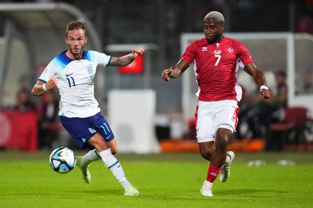 Mandatory Credit: Photo by Bagu Blanco Shutterstock (13968700av) James Maddison of England Malta v England, UEFA European Championship, EM, Europameisterschaft 2024 Qualifying, Group C, Football, Ta Qali Stadium, Malta - 16 June 2023 EDITORIAL USE ONLY No use with unauthorised audio, video, data, fixture lists, club league logos or live services. Online in-match use limited to 120 images, no video emulation. No use in betting, games or single club league player publications. Malta v England, UEFA European Championship 2024 Qualifying, Group C, Football, Ta Qali Stadium, Malta - 16 June 2023 EDITORIAL USE ONLY No use with unauthorised audio, video, data, fixture lists, club league logos or live services. Online in-match use limited to 120 images, no video emulation. No use in betting, games or single club league player publications. Copyright: xBaguxBlanco Shutterstockx 13968700av