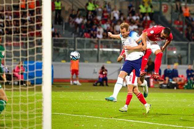 Malta v England Euro 2024 Qualifier 16 06 2023. Harry Kane (9) of England heads towards goal during the Euro 2024 Qualifier match between Malta and England at National Stadium, Attard, Malta on 16 June 2023. Editorial use only , Copyright: xNigelxKeenex PSI-17544-0037