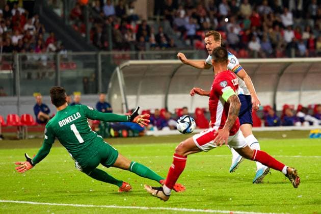 Malta v England Euro 2024 Qualifier 16 06 2023. Harry Kane (9) of England shoots towards the goal during the Euro 2024 Qualifier match between Malta and England at National Stadium, Attard, Malta on 16 June 2023. Editorial use only , Copyright: xNigelxKeenex PSI-17544-0038
