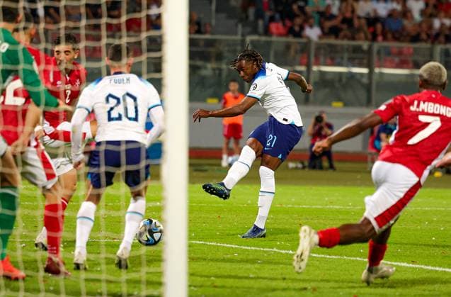 Malta v England Euro 2024 Qualifier 16 06 2023. Eberechi Eze (21) of England shoots towards the goal during the Euro 2024 Qualifier match between Malta and England at National Stadium, Attard, Malta on 16 June 2023. Editorial use only , Copyright: xNigelxKeenex PSI-17544-0051