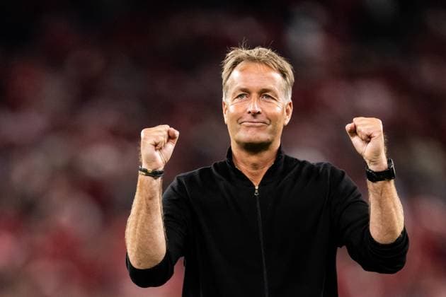 230616 Head coach Kasper Hjulmand of Denmark celebrates after the UEFA Euro Qualifier football match between Denmark and Northern Ireland on June 16, 2023 in Copenhagen Photo Petter Arvidson BILDBYRAN code PA PA0585 bbeng football soccer fotboll fotboll uefa euro qualifier landskamp em kval em kvalisering em kvalik denmark northern ireland danmark nordirland jubel  Copyright: PETTERxARVIDSON BB230616PA198