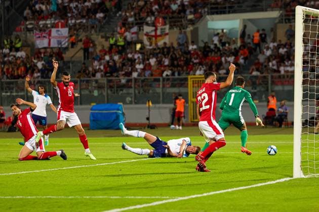Malta v England Euro 2024 Qualifier 16 06 2023. Harry Kane (9) of England goes down in the penalty area during the Euro 2024 Qualifier match between Malta and England at National Stadium, Attard, Malta on 16 June 2023. Editorial use only , Copyright: xNigelxKeenex PSI-17544-0070
