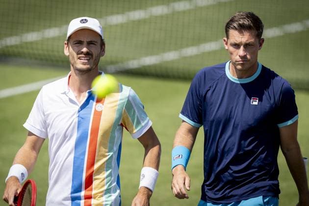 ROSMALEN - Wesley Koolhof (NED) and Neal Skupski (GBR) in action against Gonzalo Escobar (ECU) and Aleksandr Nedovyesov (KAZ) during the men s doubles final of the Libema Open tennis tournament in Rosmalen. AP SANDER KING xVIxANPxSportx xxANPxIVx 471824643 originalFilename: 471824643.jpg