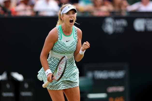 17th June 2023; Nottingham Tennis Centre, Nottingham, England: Rothesay Nottingham Open, Day 6; Katie Boulter celebrates after she wins the match against Heather Watson in 2 sets 6-4 7-5 in a rain-affected semi-final  ActionPlus12520514 ShaunxBrooks