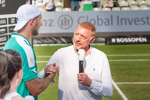 Boris Becker congratulates semi-final winner Jan Lennard Struff GER BOSS Open ATP 250 Stuttgart 2023 semi-final, sports, tennis, BOSS Open, ATP 250, Stuttgart, tennis tournament, professional sport, tennis competition, tennis player, tennis court, tennis match, sport event, lawn tournament, ATP Tour, tennis tournament in Stuttgart, 17 06 2023, Stuttgart Weissenhof , DEU BOSS Open ATP 250 Stuttgart 2023 semi-final, 17 06 2023, Stuttgart Weissenhof , DEU Stuttgart Copyright: xSandyxDinkelackerx EP_SDR