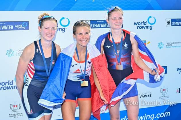 Lightweight Women s Single Sculls Final A: Sophia Luwis (USA) silver medal - Aurelie Morizot (FRA) gold medal and Olivia Bates (GBR) bronze medal during 2023 World Rowing Cup II, Canoying in Varese, Italy, June 16 2023  Copyright: xDaniloxVigo IPAxSportx xipa-agenx xx 0 IPA_IPA38693063