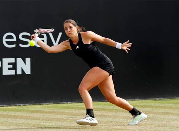 Tennis - 2023 Rothesay Open - Women™s Singles - Semi-final - Heather Watson v Katie Boulter - Nottingham Tennis Centre - Saturday 17th June 2023 Jodie Burrage (GBR) on her way to a straight sets victory in her semi-final match against Alize Cornet (FRA), earning a place in tomorrow s final against fellow British player Heather Watson, at the Rothesay Open today. 