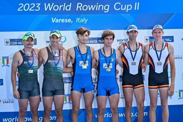 Lightweight Men s Pair Final: Bence Szabo - Kalman Furko (HUN) silver medal Francesco Bardelli - Stefano Pinsone (ITA) gold medal - Zeno Robertson - Max Von Buelow (GER) bronze medal during 2023 World Rowing Cup II, Canoying in Varese, Italy, June 16 2023  Copyright: xDaniloxVigo IPAxSportx xipa-agenx xx 0 IPA_IPA38693485
