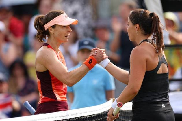 17th June 2023; Nottingham Tennis Centre, Nottingham, England: Rothesay Nottingham Open, Day 6; Jodie Burrage shakes hands with Alize Cornet after her win in 2 sets to make the final  ActionPlus12520624 ShaunxBrooks