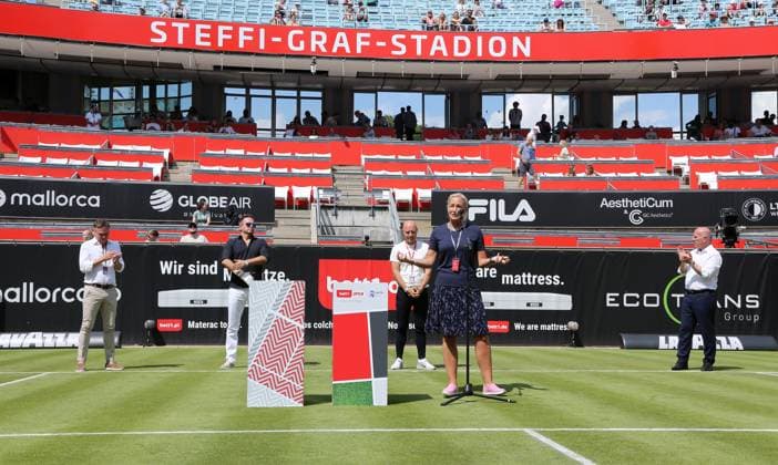 Tournament director Barbara Rittner gives welcome speech, Centre Court at the tennis facility of LTTC Rot Weiss e V Steffi Graf Stadium Tennis bett1 open WTA 500 tournament on grass women season 2022 2023 18 06 2023