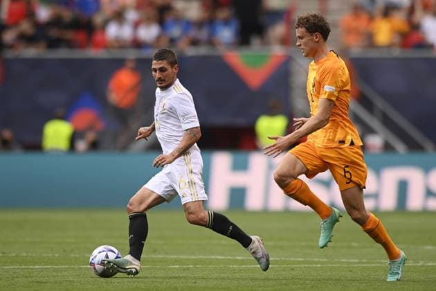Foto Fabio Ferrari LaPresse 18 Giugno 2023 - Enschede, Paesi Bassi - calcio - Olanda v Italia- Uefa Nations League - Finale 3 4 posto - FC Twente Stadion-Enschede. Nella foto: Marco Verratti (Italy) Mats Wieffer (Netherlands) June 18, 2023 Enschede, Netherland - sport, calcio - Netherland v Italy - Uefa Nations League - Final 3 4 place - FC Twente Stadion-Enschede. In the pic: Marco Verratti (Italy) Mats Wieffer (Netherlands)  Copyright: xFabioxFerrari LaPressex