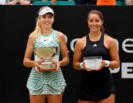 Tennis - 2023 Rothesay Open - Womens Singles - Final - - Nottingham Tennis Centre - Sunday 18th June 2023 Katie Boulter (GBR) poses with Jodie Burrage (GBR) after Boulter won 6-3 6-3 in their Singles Final, at the Rothesay Open today. 