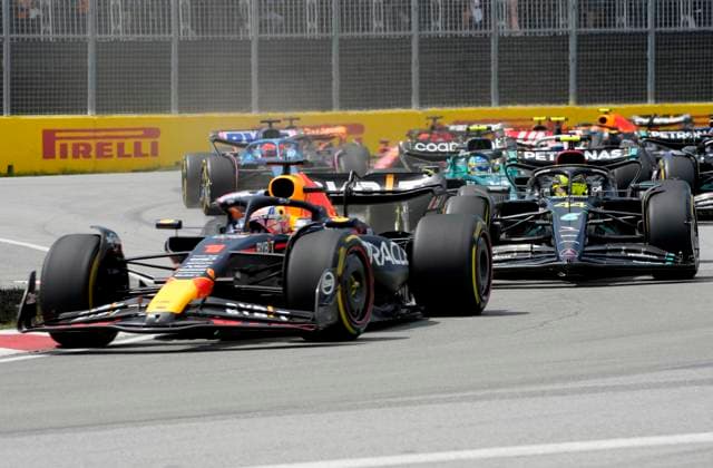 June 18, 2023, Montreal, PQ, CANADA: Mercedes driver Lewis Hamilton, of the United Kingdom, follows as Red Bull Racing Max Verstappen, of the Netherlands, leads the pack during Formula One auto racing action at the Canadian Grand Prix in Montreal, Sunday, June 18, 2023. Canada News - June 18, 2023 - ZUMAc35_ 20230618_zaf_c35_026 Copyright: xPaulxChiassonx