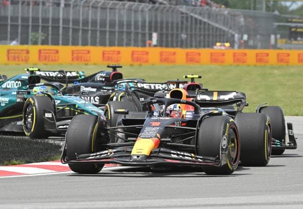 June 18, 2023, Montreal, PQ, Canada: Red Bull Racing Max Verstappen of the Netherlands, leads Mercedes driver Lewis Hamilton of Great Britain, and Aston Martin driver Fernando Alonso of Spain, at the Canadian Grand Prix Sunday, June 18, 2023 in Montreal. Max Verstappen, Lewis Hamilton, Fernando Alonso - ZUMAc35_ 20230618_zaf_c35_034 Copyright: xGrahamxHughesx