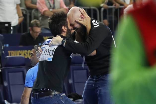 18 06 2023, xgox, handball EHF Champions League final, SC Magdeburg Barlinek Industria Kielce v l Bennet Wiegert Magdeburg, coach , Yves Grafenhorst Magdeburg, co-coach jubilation over the victory, jubilation after the end of the game Koeln