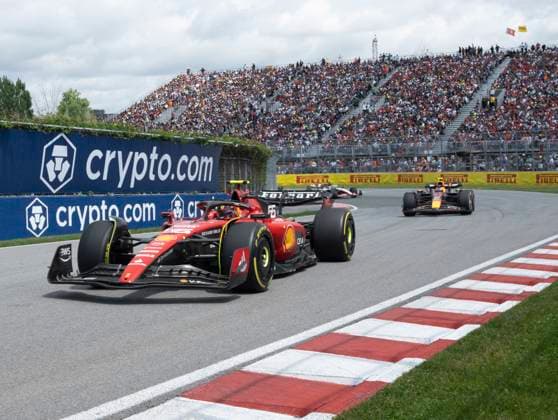 June 18, 2023, Montreal, PQ, Canada: Ferrari driver Carlos Sainz of Spain, leads Red Bull Racing Sergio Perez of Mexico, through the Senna corner during Formula One auto racing action at the Canadian Grand Prix in Montreal, Sunday, June 18, 2023. Carlos Sainz, Sergio Perez - ZUMAc35_ 20230618_zaf_c35_042 Copyright: xRyanxRemiorzx